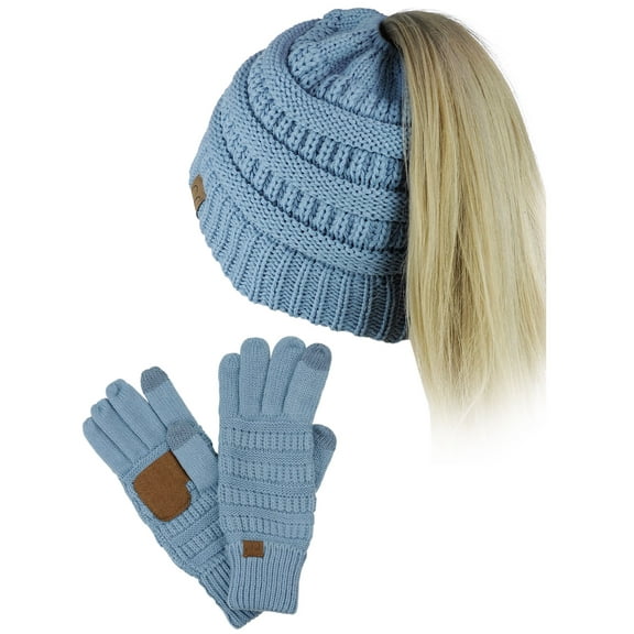 C.C BeanieTail Messy High Bun Cable Knit Beanie and Anti-Slip Touchscreen Gloves Set, Denim