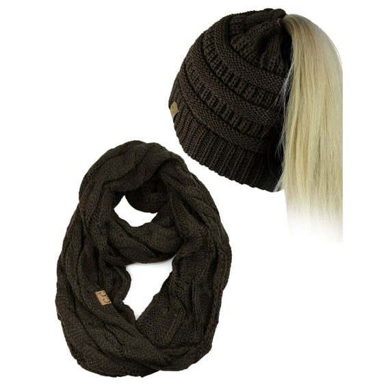 C.C BeanieTail Messy High Bun Cable Knit Beanie and Infinity Loop Scarf Set, Brown