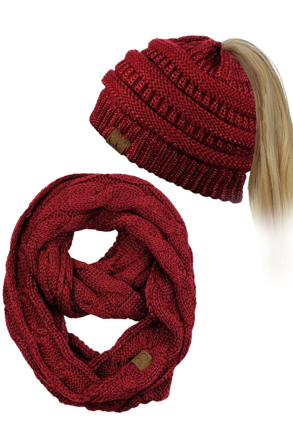BeanieTail Messy High Bun Cable Knit Beanie and Infinity Loop Scarf Set, Burgundy Metallic