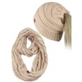 thumbnail image 1 of C.C BeanieTail Messy High Bun Cable Knit Beanie and Infinity Loop Scarf Set, Dark Beige, 1 of 4