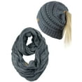 thumbnail image 1 of C.C BeanieTail Messy High Bun Cable Knit Beanie and Infinity Loop Scarf Set, Dark Melange Gray, 1 of 4