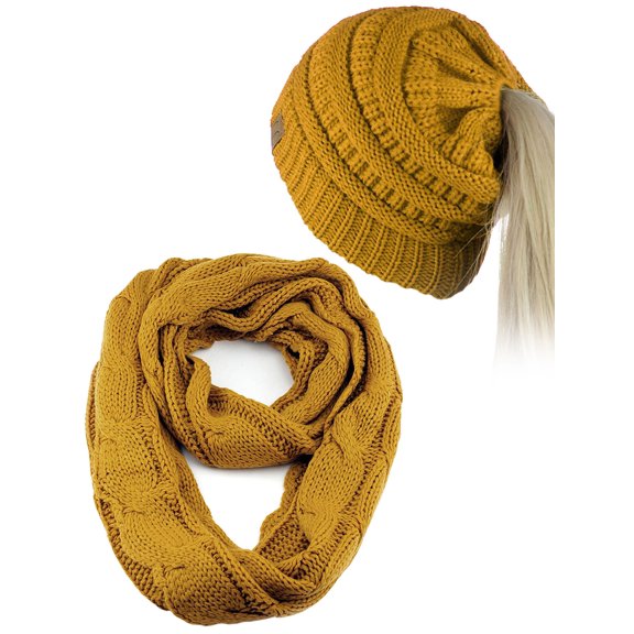 C.C BeanieTail Messy High Bun Cable Knit Beanie and Infinity Loop Scarf Set, Mustard