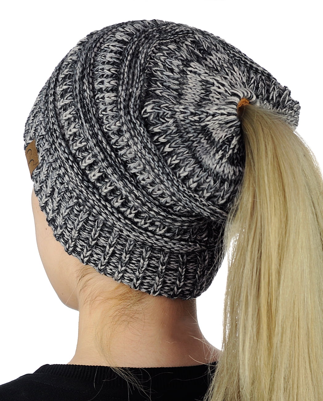 CC Ponytail Beanie Dark Gray / 2 Cable Knit Crotchet Headbands Hand Made NWOT! C-C-BeanieTail-Soft-Stretch-  main image 4