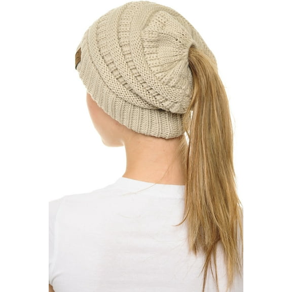 C.C BeanieTail Soft Stretch Cable Knit Messy High Bun Ponytail Beanie Hat Beige