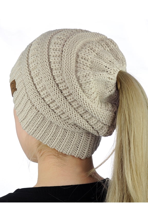 C.C BeanieTail Soft Stretch Cable Knit Messy High Bun Ponytail Beanie Hat, Beige