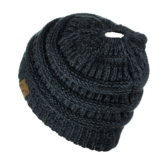 C.C BeanieTail Soft Stretch Cable Knit Messy High Bun Ponytail Beanie Hat, Black/Gray Mix