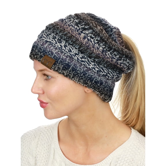 C.C BeanieTail Soft Stretch Cable Knit Messy High Bun Ponytail Beanie Hat, Black/Gray Tribal Blend
