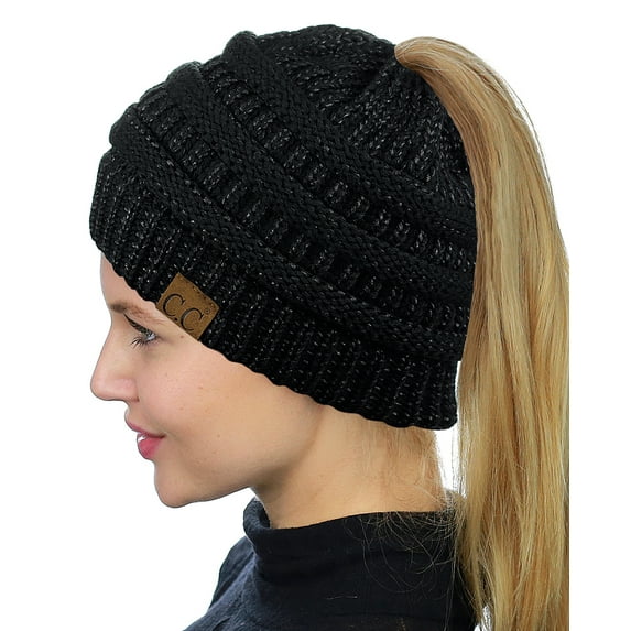C.C BeanieTail Soft Stretch Cable Knit Messy High Bun Ponytail Beanie Hat, Black Metallic