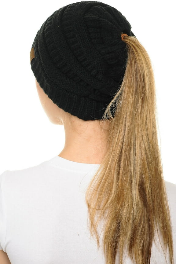 BeanieTail Soft Stretch Cable Knit Messy High Bun Ponytail Beanie Hat Black