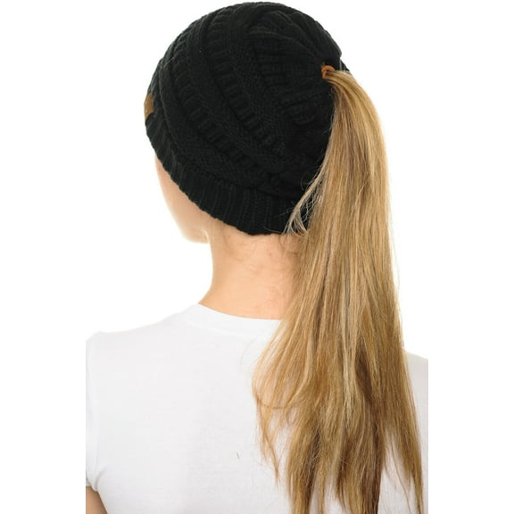 C.C BeanieTail Soft Stretch Cable Knit Messy High Bun Ponytail Beanie Hat Black