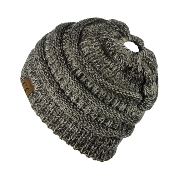 C.C BeanieTail Soft Stretch Cable Knit Messy High Bun Ponytail Beanie Hat, Brown Mix