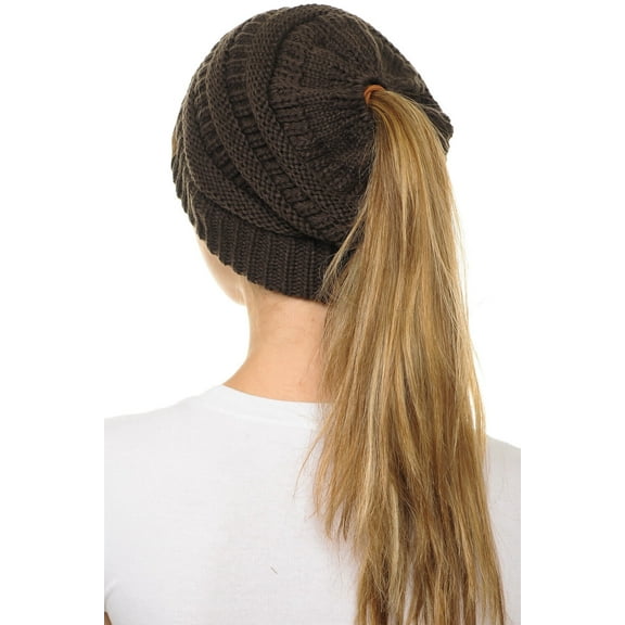C.C BeanieTail Soft Stretch Cable Knit Messy High Bun Ponytail Beanie Hat Brown