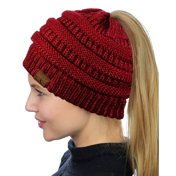 C.C BeanieTail Soft Stretch Cable Knit Messy High Bun Ponytail Beanie Hat, Burgundy Metallic
