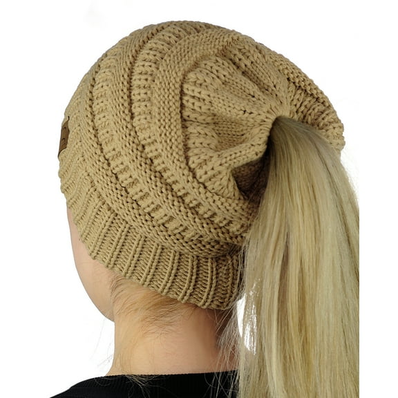 C.C BeanieTail Soft Stretch Cable Knit Messy High Bun Ponytail Beanie Hat, Camel