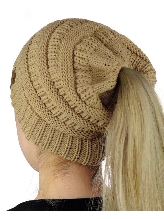 C.C BeanieTail Soft Stretch Cable Knit Messy High Bun Ponytail Beanie Hat, Camel