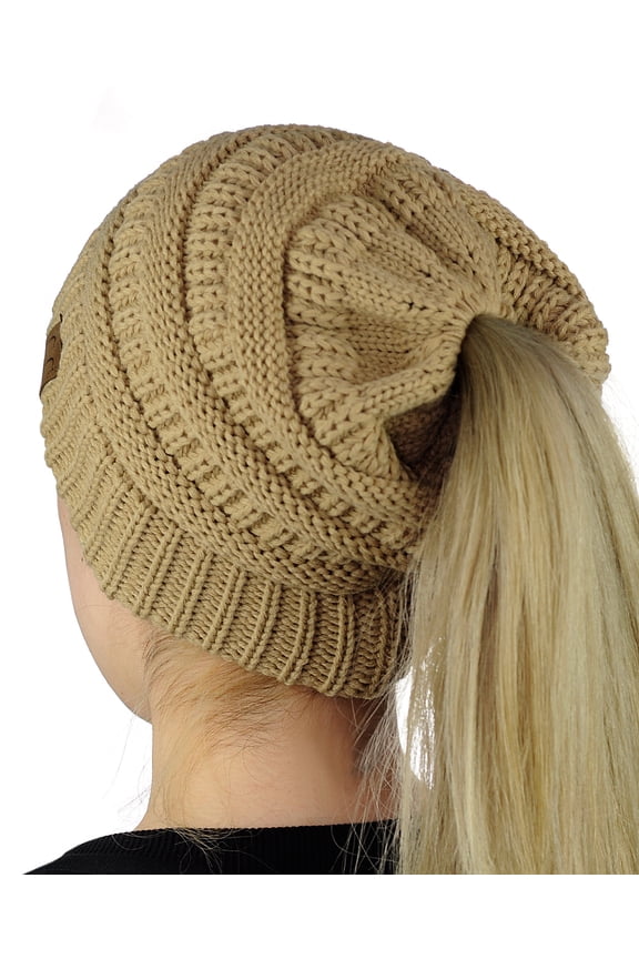 C.C BeanieTail Soft Stretch Cable Knit Messy High Bun Ponytail Beanie Hat, Camel