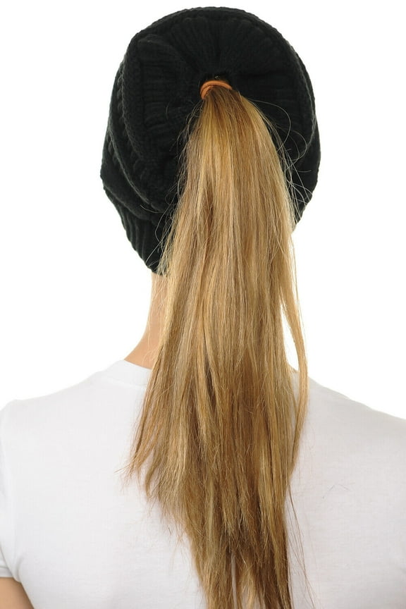 BeanieTail Soft Stretch Cable Knit Messy High Bun Ponytail Beanie Hat Charcoal