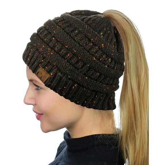 C.C BeanieTail Soft Stretch Cable Knit Messy High Bun Ponytail Beanie Hat, Confetti Brown