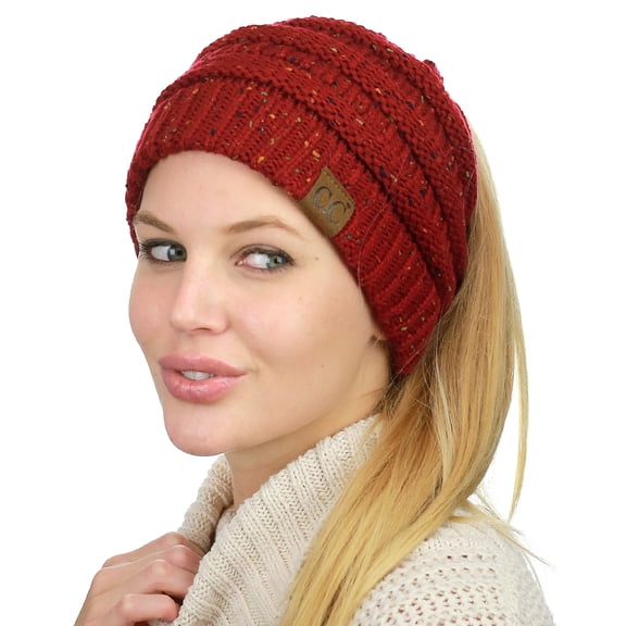 C.C BeanieTail Soft Stretch Cable Knit Messy High Bun Ponytail Beanie Hat, Confetti Cardinal