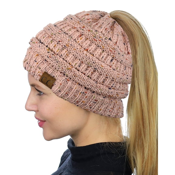 C.C BeanieTail Soft Stretch Cable Knit Messy High Bun Ponytail Beanie Hat, Confetti Indi Pink