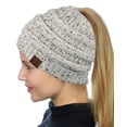 thumbnail image 1 of C.C BeanieTail Soft Stretch Cable Knit Messy High Bun Ponytail Beanie Hat, Confetti Ivory, 1 of 4