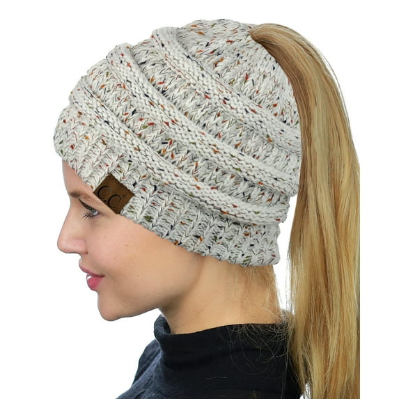 C.C BeanieTail Soft Stretch Cable Knit Messy High Bun Ponytail Beanie Hat, Confetti Ivory