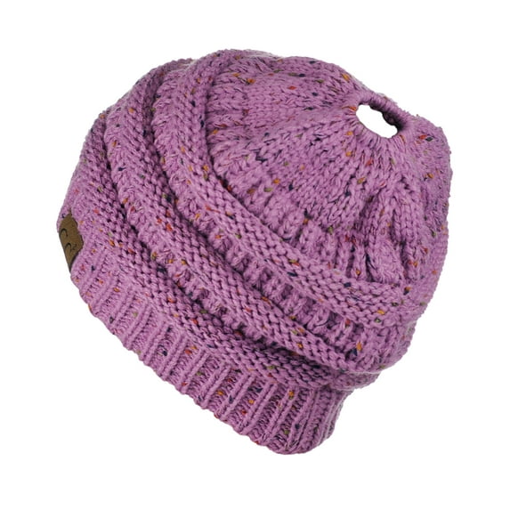 C.C BeanieTail Soft Stretch Cable Knit Messy High Bun Ponytail Beanie Hat, Confetti Lavender