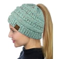 thumbnail image 1 of C.C BeanieTail Soft Stretch Cable Knit Messy High Bun Ponytail Beanie Hat, Confetti Mint, 1 of 4