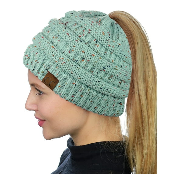 C.C BeanieTail Soft Stretch Cable Knit Messy High Bun Ponytail Beanie Hat, Confetti Mint