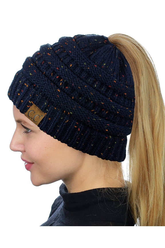 C.C BeanieTail Soft Stretch Cable Knit Messy High Bun Ponytail Beanie Hat, Confetti Navy