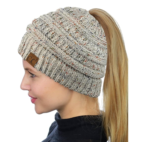 C.C BeanieTail Soft Stretch Cable Knit Messy High Bun Ponytail Beanie Hat, Confetti Oatmeal Mix