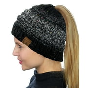 C.C BeanieTail Soft Stretch Cable Knit Messy High Bun Ponytail Beanie Hat, Confetti Ombre Black