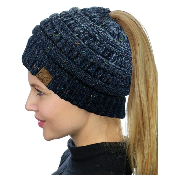 C.C BeanieTail Soft Stretch Cable Knit Messy High Bun Ponytail Beanie Hat, Confetti Ombre Navy