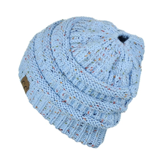 C.C BeanieTail Soft Stretch Cable Knit Messy High Bun Ponytail Beanie Hat, Confetti Pale Blue