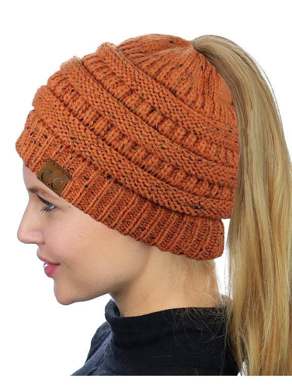 C.C BeanieTail Soft Stretch Cable Knit Messy High Bun Ponytail Beanie Hat, Confetti Rust