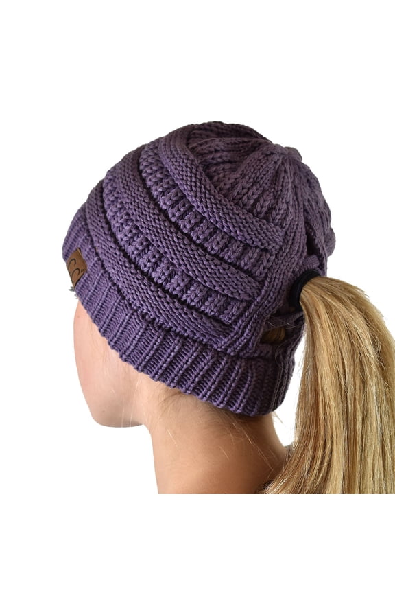 BeanieTail Soft Stretch Cable Knit Messy High Bun Ponytail Beanie Hat, Criss Cross Violet