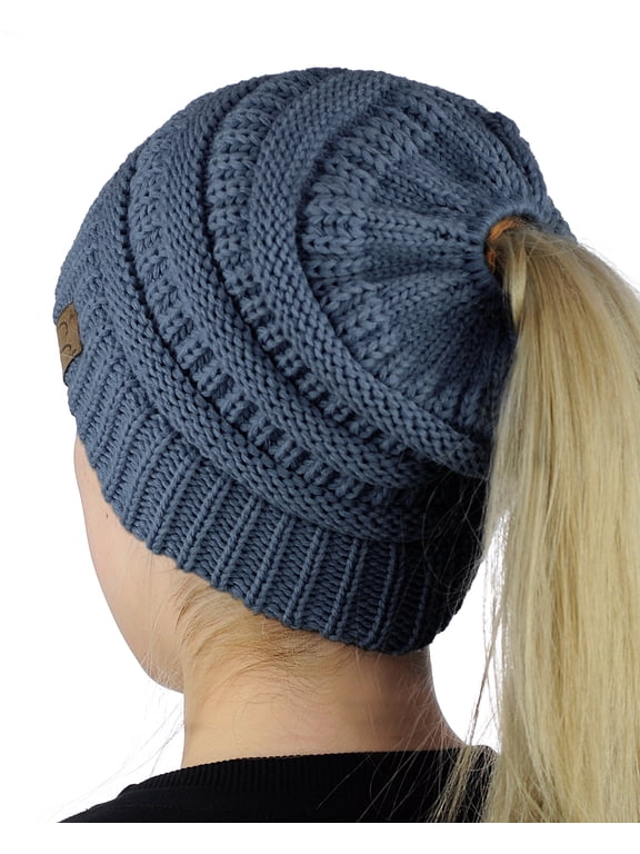BeanieTail Soft Stretch Cable Knit Messy High Bun Ponytail Beanie Hat, Dark Denim