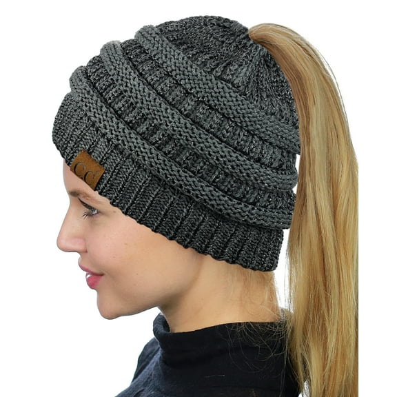 C.C BeanieTail Soft Stretch Cable Knit Messy High Bun Ponytail Beanie Hat, Dark Melange Gray Metallic
