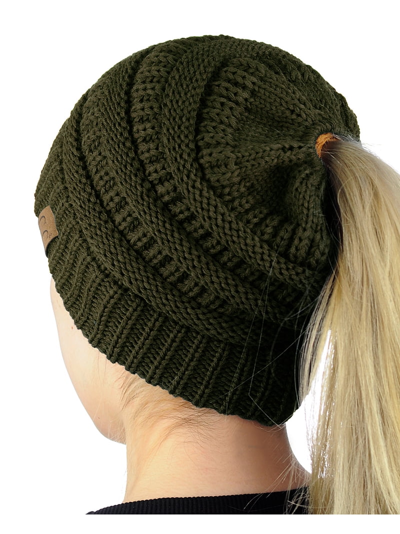 Stretchable Cable Knit Ponytail Beanie Hat for Bun Rosoz Ponytail Beanie for Women Soft Stretch Cable Knit  main image 3