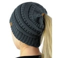thumbnail image 1 of C.C BeanieTail Soft Stretch Cable Knit Messy High Bun Ponytail Beanie Hat, Dk Melange Gray, 1 of 3