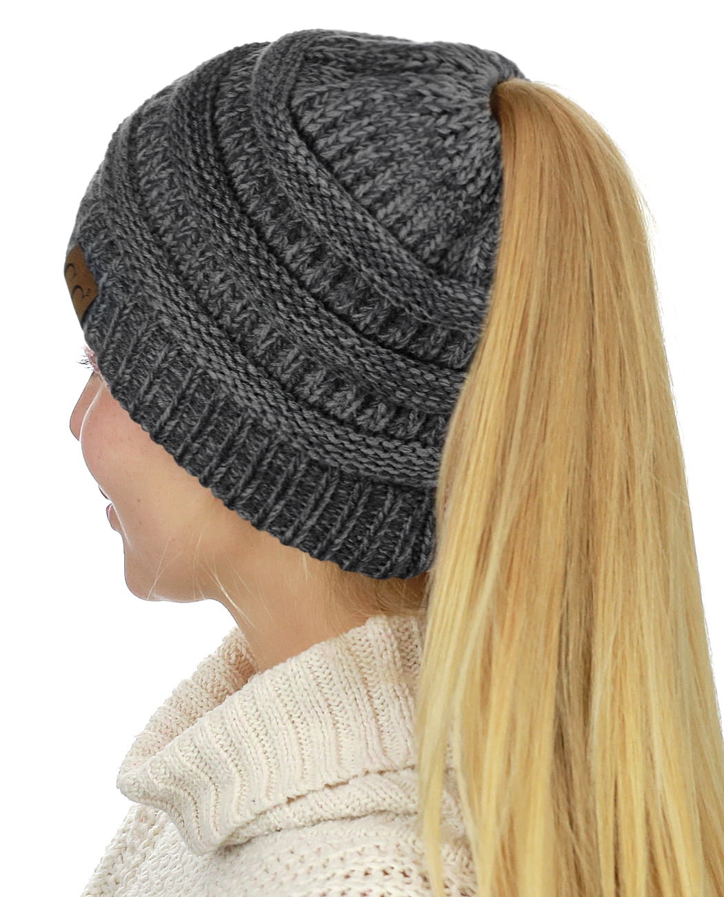 CC Ponytail Beanie Dark Gray / 2 Cable Knit Crotchet Headbands Hand Made NWOT! C-C-BeanieTail-Soft-Stretch-  main image 2