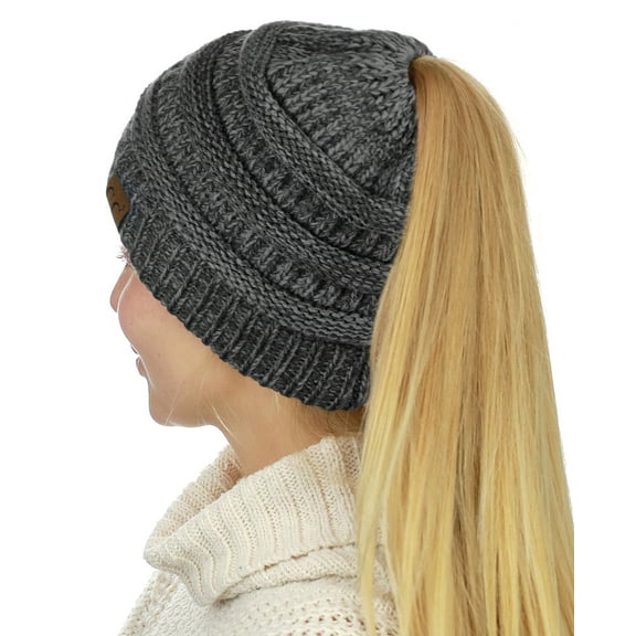 C.C BeanieTail Soft Stretch Cable Knit Messy High Bun Ponytail Beanie Hat, Gray/Light Gray Mix