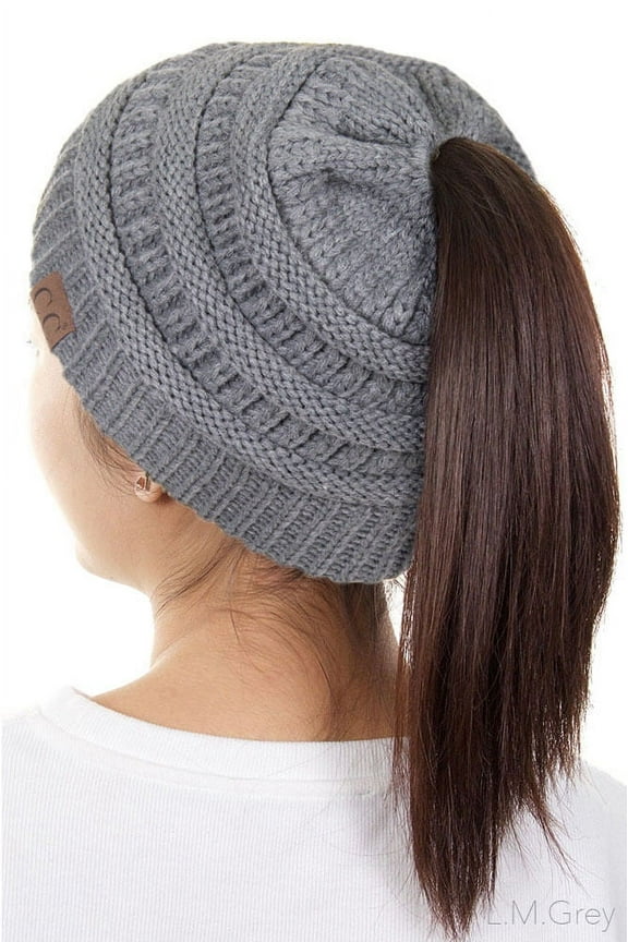 BeanieTail Soft Stretch Cable Knit Messy High Bun Ponytail Beanie Hat Gray