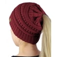 thumbnail image 1 of C.C BeanieTail Soft Stretch Cable Knit Messy High Bun Ponytail Beanie Hat, Maroon, 1 of 4