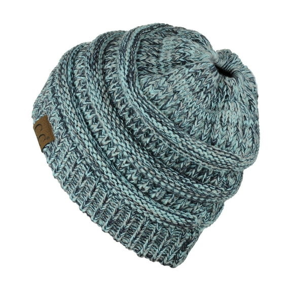 C.C BeanieTail Soft Stretch Cable Knit Messy High Bun Ponytail Beanie Hat, Mint Mix