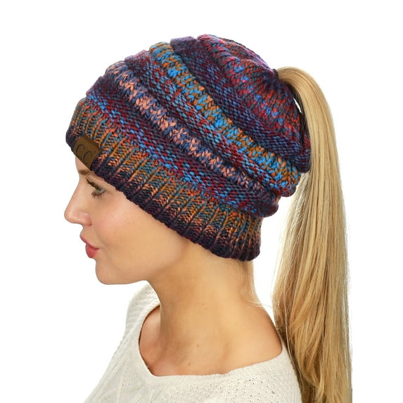 C.C BeanieTail Soft Stretch Cable Knit Messy High Bun Ponytail Beanie Hat, Mustard Tribal Blend