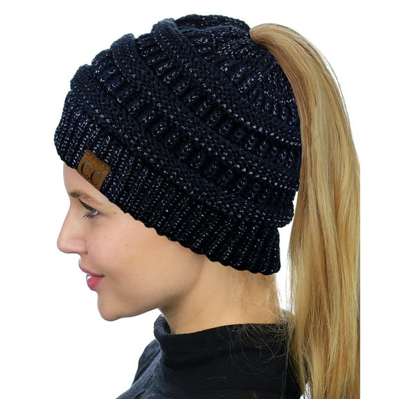C.C BeanieTail Soft Stretch Cable Knit Messy High Bun Ponytail Beanie Hat, Navy Metallic