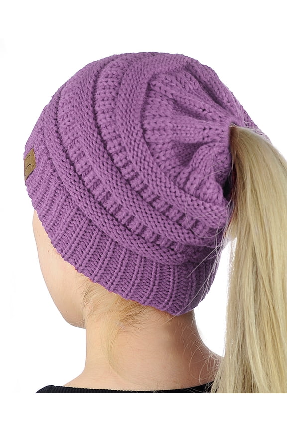 BeanieTail Soft Stretch Cable Knit Messy High Bun Ponytail Beanie Hat, New Lavender