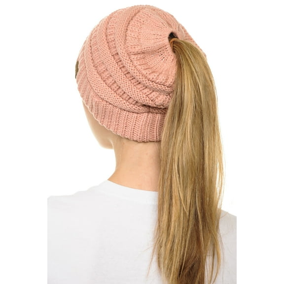 C.C BeanieTail Soft Stretch Cable Knit Messy High Bun Ponytail Beanie Hat Pink