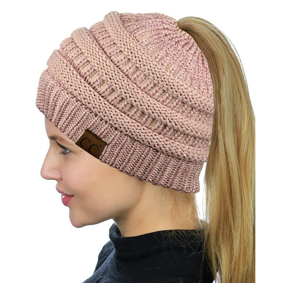 C.C BeanieTail Soft Stretch Cable Knit Messy High Bun Ponytail Beanie Hat, Rose Metallic